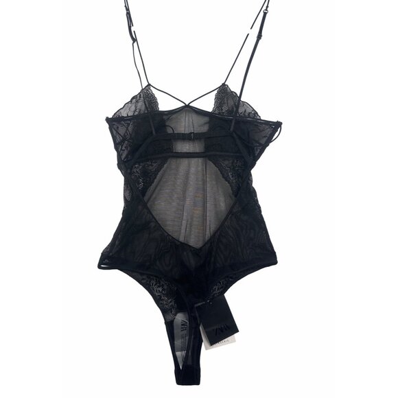 Zara Womens Black Sheer Lace Bodysuit With Adjustable Straps Size Small NWT - Picture 2 of 16